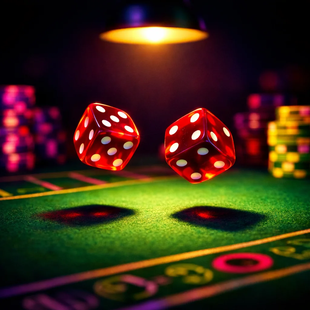 Rollende dobbelstenen boven een craps tafel in neonlicht